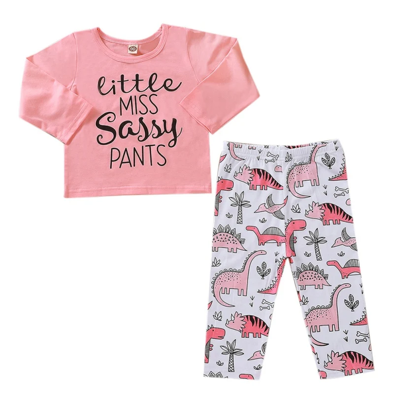 

TBaby Clothes Autumn Girls Long Sleeve Letters Print Blouse Tops+Dinosaur Pants Trouser Costume Set Baby Girls Clothes