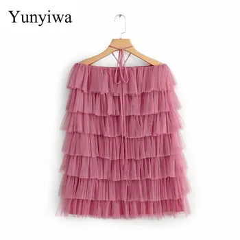 

New Fashion Women Laminated Ruffles Strapless Sling Mini Dress Female Net Yarn Halter Vestidos Brand Party Dresses