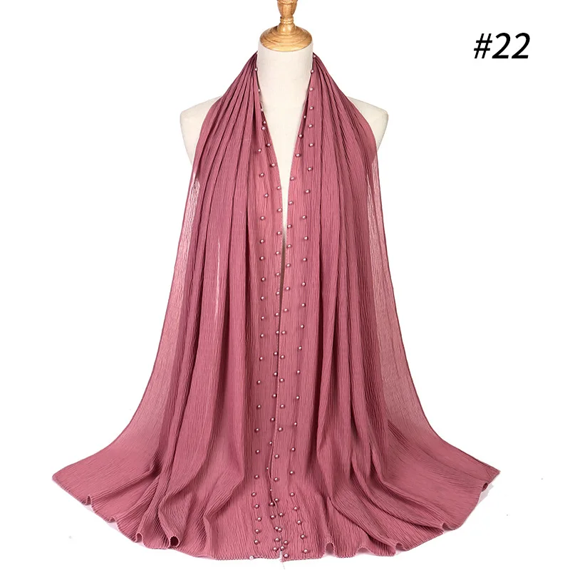 Летний мусульманское однотонное Цвет простой плиссированный шифоновый с жемчужным бисером хиджаб шарф Для женщин морщин из жатого Джерси шарфы для дам - Цвет: Color22