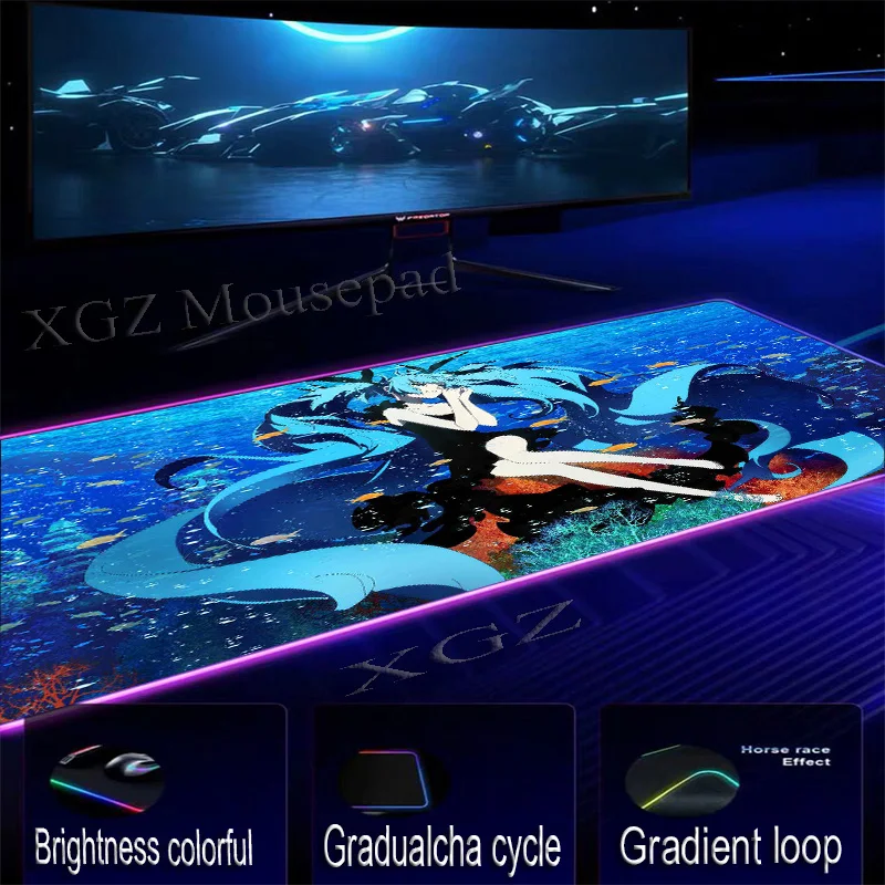  XGZ Custom Large RGB Mouse Pad Black Lock-edge Anime Blue Seabed Cute Girl Computer Desk Mat Rubber
