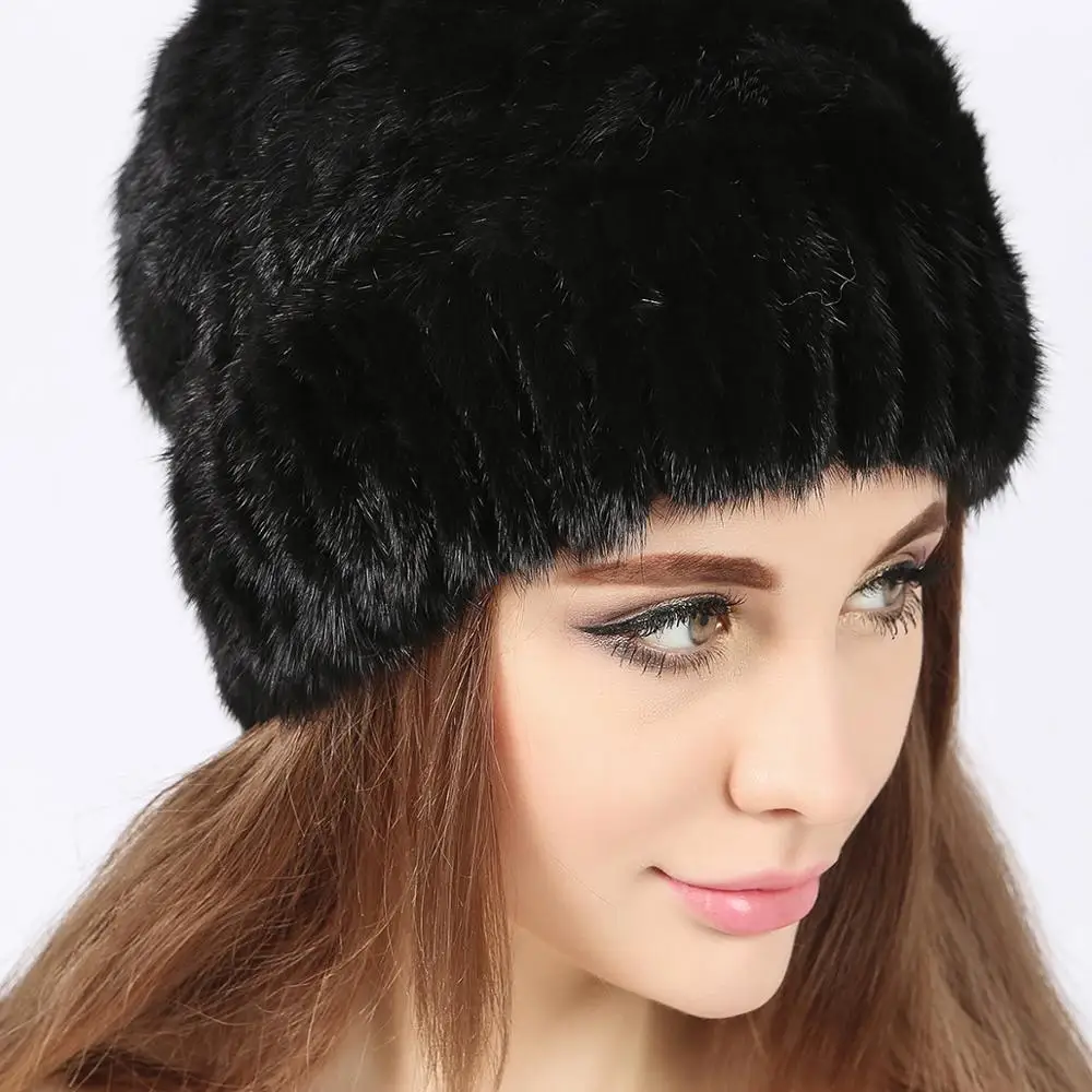 New Fashion Style Mink Fur Kinnted Cap Animal Fur Hats ladies Winter Hat With Fur Garpe Woman Stylish Hats