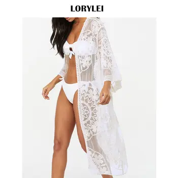 

2020 Sexy See Through Women Summer Beach Wear Bikini Wrap Dress Lace Tunic Beach Cover Up Pareo Plage Long Kimono Cardigan N767