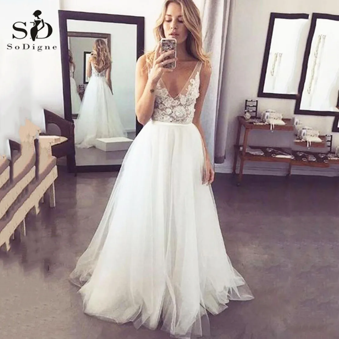 

Tulle Wedding Dresses Ivory A-line Lace Applique Wedding Dresses 3D Flowers Bridal Gown Dress Real Photo vestido de noiva