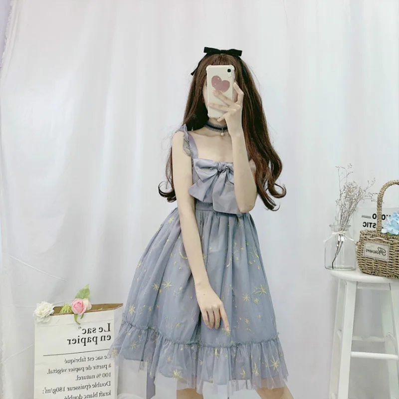 Japanese Sweet Lolita Dress Bow Embroidery Mesh Spaghetti Strap Dress High Waist Elegant Gradient Vestito Party Dresses