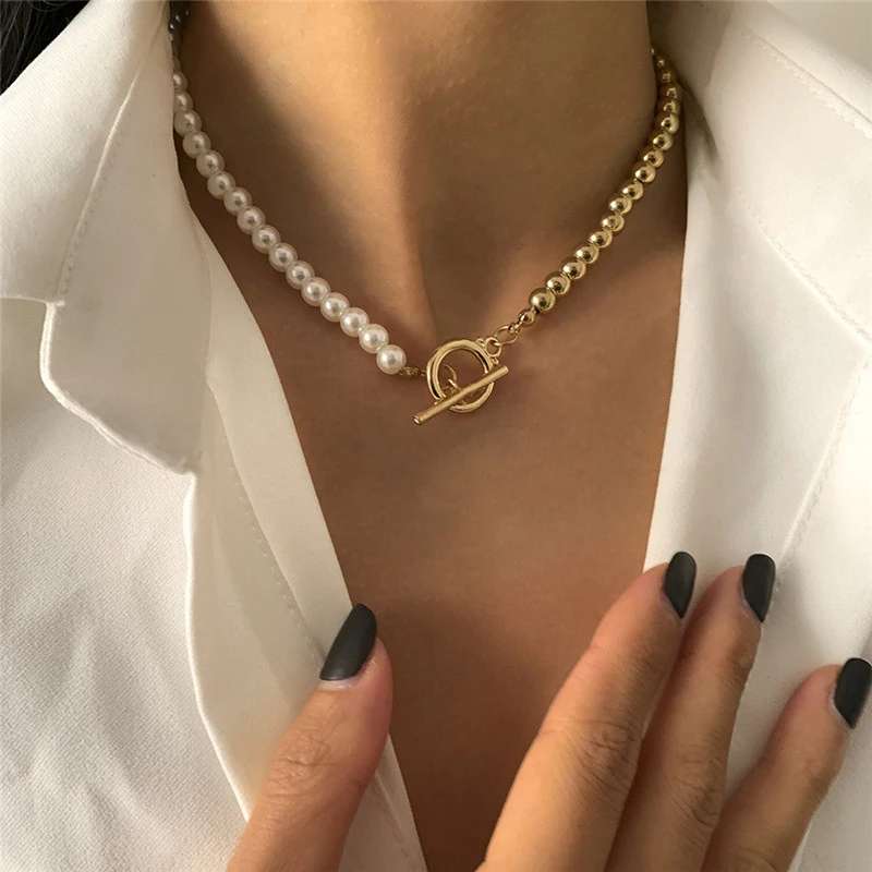 2021 Hot Fashion Imitation Pearls Bead Chain Necklace Women Classic OT Clasp Gold Color Bead Chain Necklace For Women Jewelry