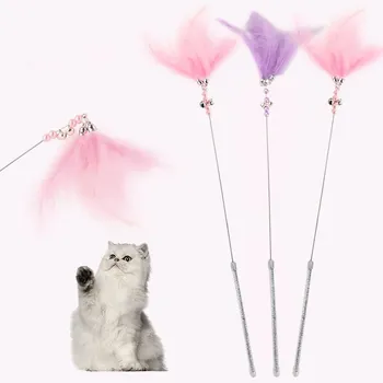 

1Pc Cat Interactive Toy Stick Feather Wand with Small Bell Toys Plastic Artificial Colorful Cat Teaser Toy Supplies