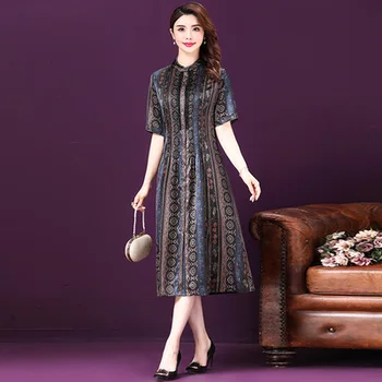 

2020 Summer Women Simulation Silk Long Dresses Short Sleeve Print Plus Size 4xl 5xl Middle Aged Mother Lace Vestidos Elegantes