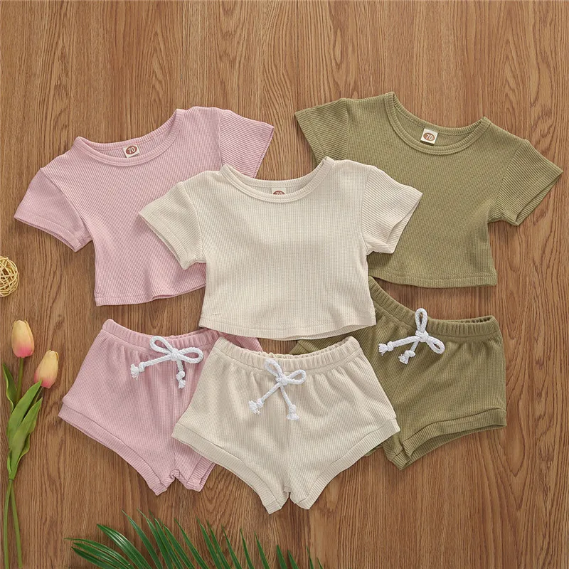 

0-24M Newborn Baby Girls Boys Clothing Solid Color Unisex Clothes Short Sleeve Summer Tops + Shorts Kids Casual Sport Suit
