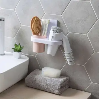 

Bathroom Wall-Mounted Suction Cup Hair Dryer Holder Shelf Stand Comb Rack PP Storage Organizer Shelves