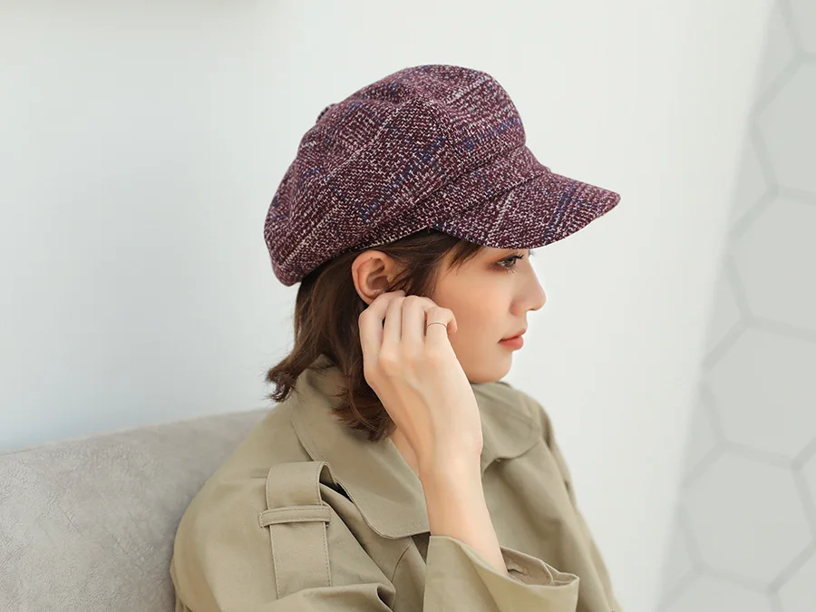 Модная женская литературная Ретро клетчатая шляпа Повседневная Женская утолщенная кепки с козырьком для женщин клетчатая восьмиугольная кепка