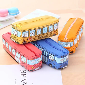 

Creative Bus Shape Pen Bag Personality Animal Canvas Stationery Box Pencil Case Student Cartoon Animal Bus Pencil Organizer