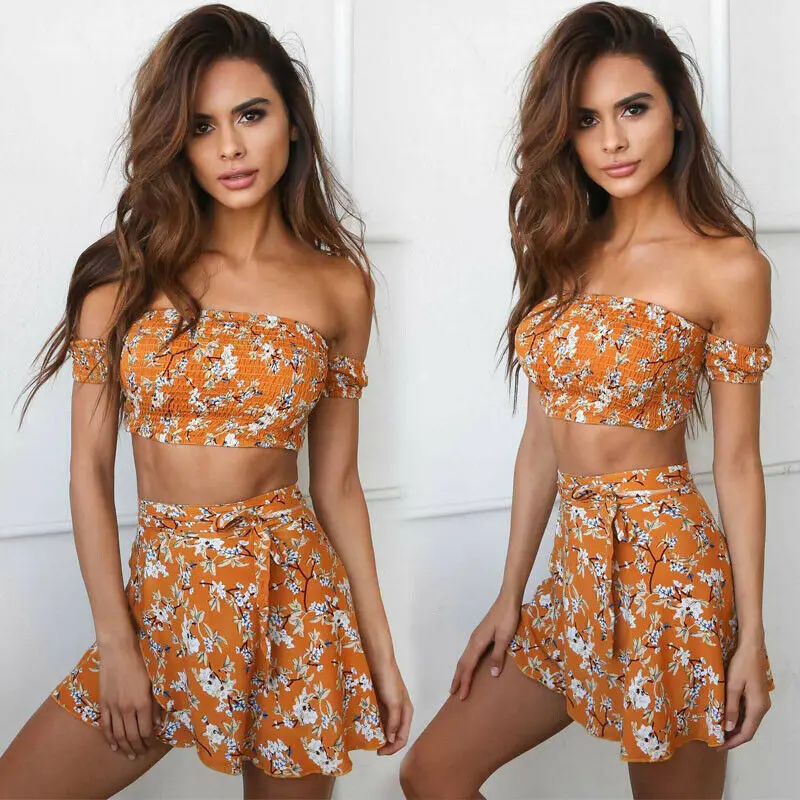 

Summer Sexy Women's Sets Off Shoulder Floral Print Chiffon Two Pieces Beach Set Off Shoulder Crop Tops and Skirt Casual Suits