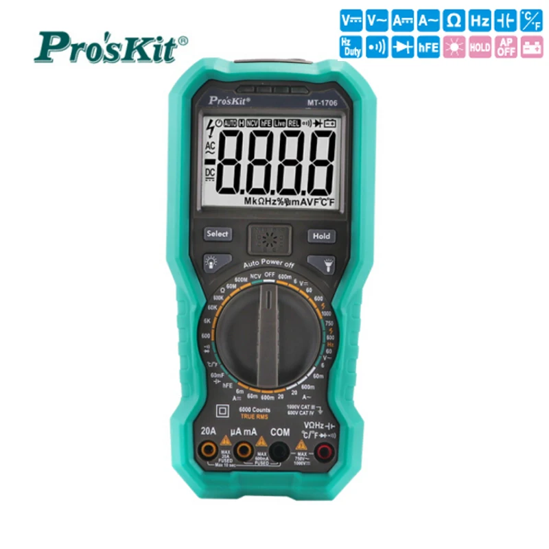 

Proskit True RMS Digital Multimeter Backlight Display Non-contact Electroscope Resistor Transistor Tester Capacitor Tester Meter