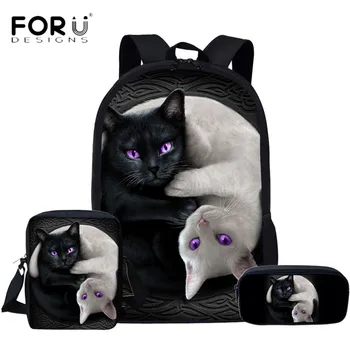 

FORUDESIGNS Fashion 3pcs Set School Bags Gothic Black and White Cat Printing Yinyang Designs Student Backpack Mochila Escolar