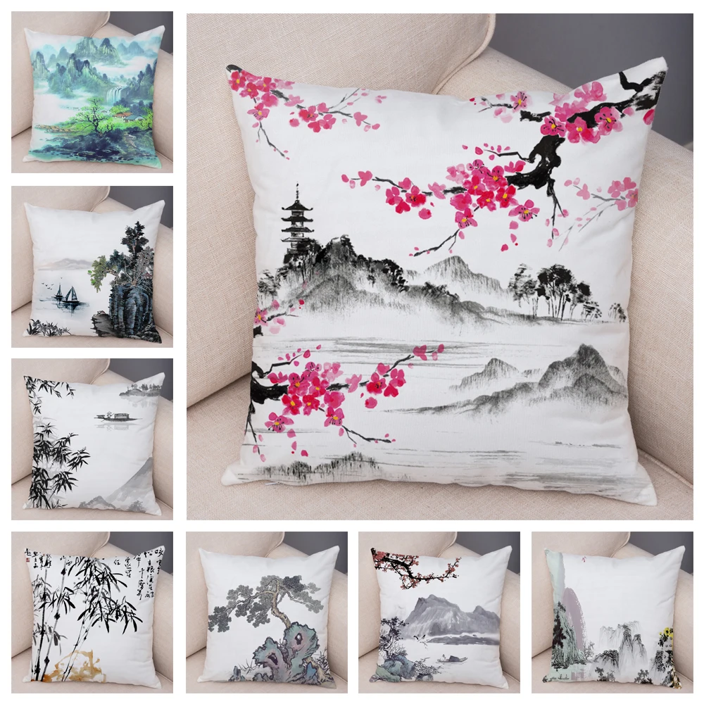 

Chinese Ink Cushion Cover for Sofa Home Chair Car Decor Beautiful Scenery Pillowcase Soft Short Plush Pillow case 45x45cm