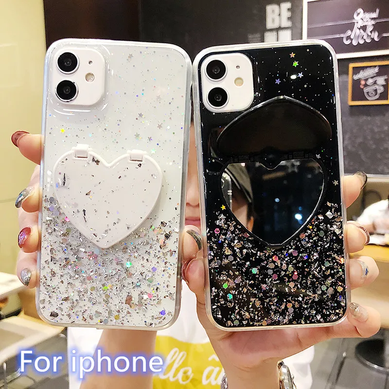 Luxury sequin Love Heart mirror Stand Holder Phone Case For iphone 11 Pro Max XR XS Case XS Max 8 7 6 6S Plus Cover Funda Coque|Fitted Cases| - AliExpress