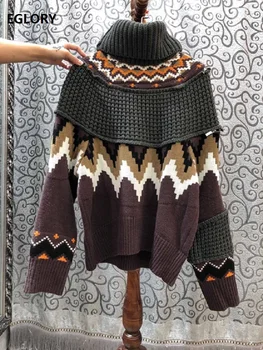 

100%Wool Sweaters 2019 Autumn Winter Warm Turtleneck Jumpers Women Geometric Patterns Knitting Long Sleeve Casual Soft Knitwear