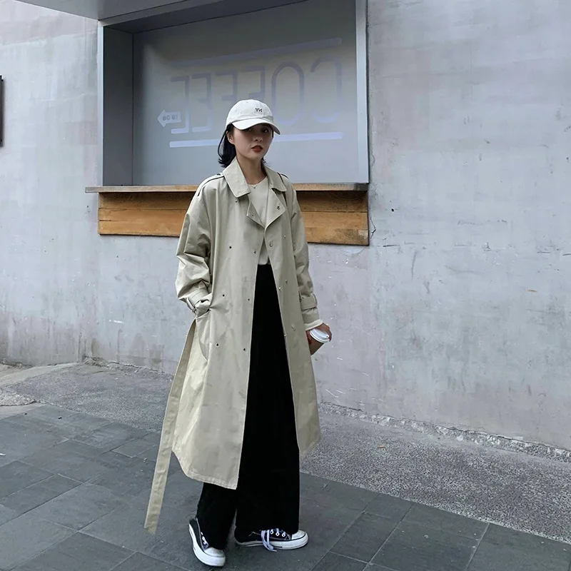 

Trench Coat Women's Autumn & Winter Long Sleeve Korean-style Mid-length Lace Black Short-height over-the-Knee Elegant Coat