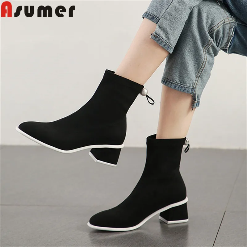 

ASUMER fashion square heels autumn winter boots square toe ladies stretch ankle boots simple autumn winter boots women 2020 new