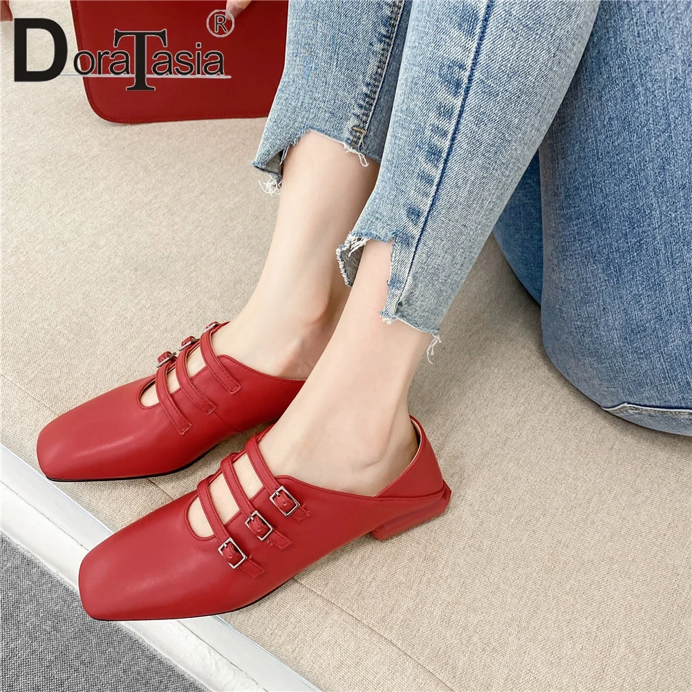 

DORATASIA Fashion Genuine Leather Ladies Pumps Casual Office Pumps Women Square Toe Belt Buckle Low Heel Shoes Woman