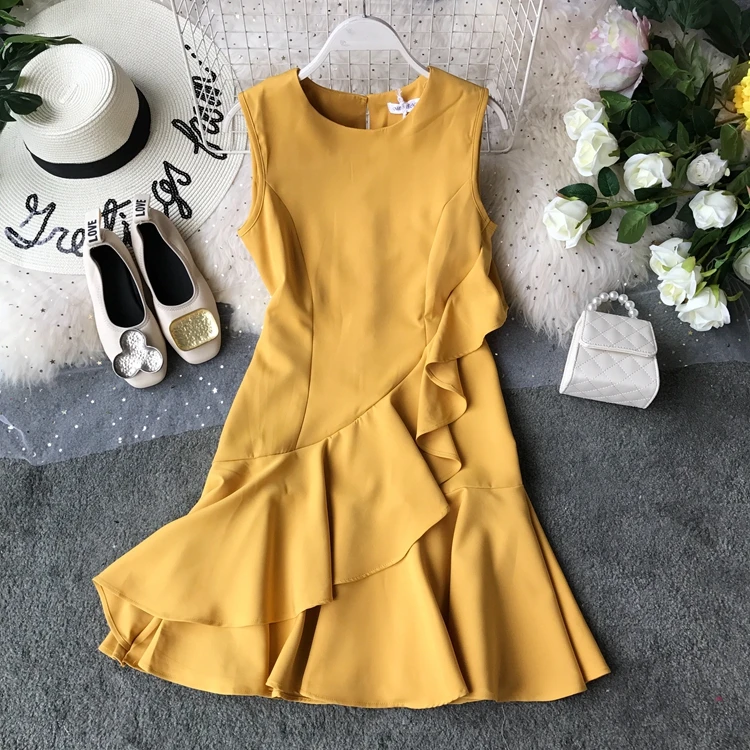 

2019 new fashion women's clothing adult Summer white ruffled slim dress female