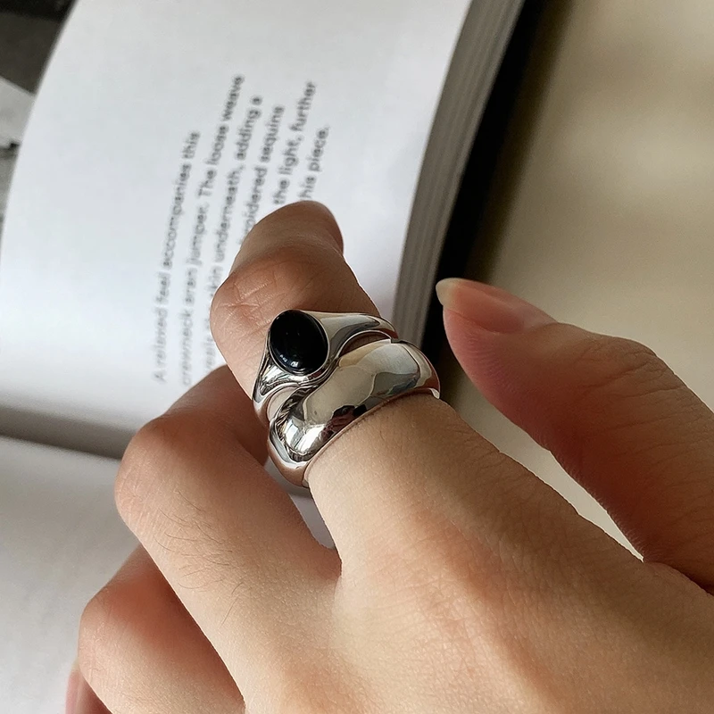 Серебряные кольца Silvology из натурального черного агата 925 пробы Овальные