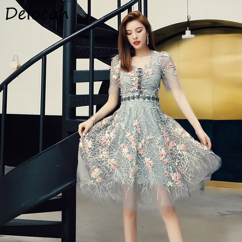 

Delocah Summer Women Fashion RunwayÂ A-Line Dress Short Sleeve Crystal Appliques Embroidery Ladies Party Midi Dresses vestidos