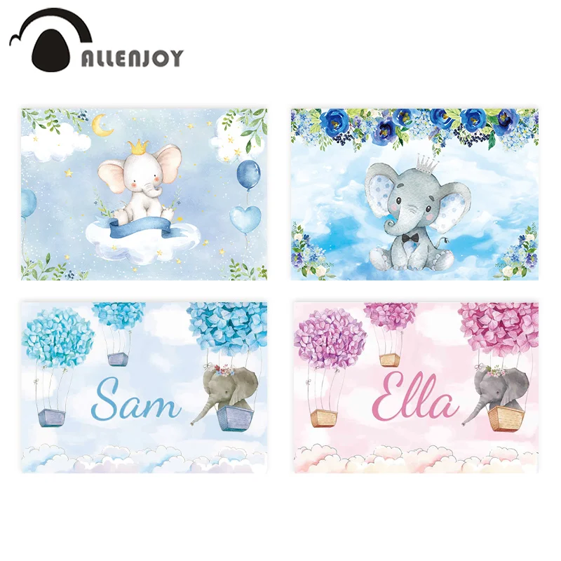 Allenjoy Elephant Background Baby Shower Birthday Blue Sky Flower Balloon Photography Backdrop