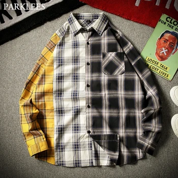 

Stylish Plaid Patchwork Shirt Men Loose Casual Hip Hop Mens Long Sleeve Spring and Autumn Color Matching Men Clothing Streetwear