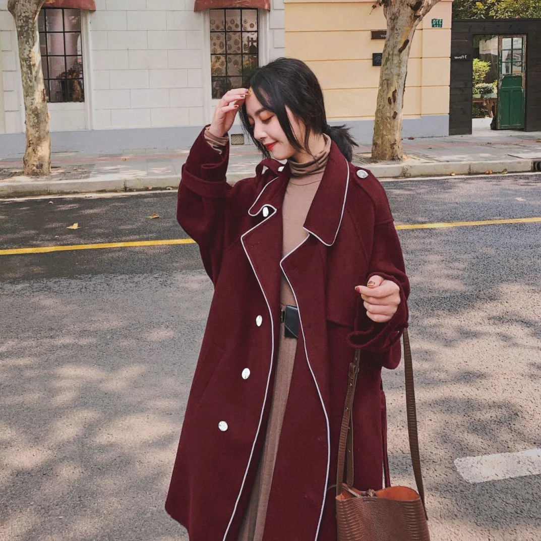 

Photo Shoot INS Hepburn Wind Contrast Color Double Breasted Covered Edge Elegant Ol Long Waist Hugging Lace-up Woolen Coat Coat