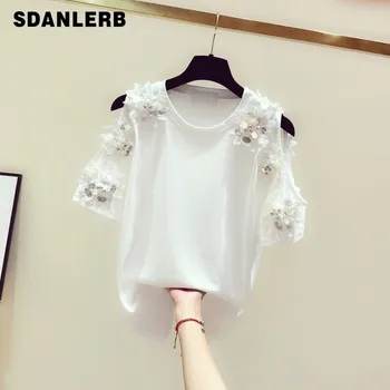 

2020 Spring Summer New Korean Fashion Off-Shoulder Hollow Diamond Flower Round Neck Short Sleeve T-shirt Women's Casual Tshirt