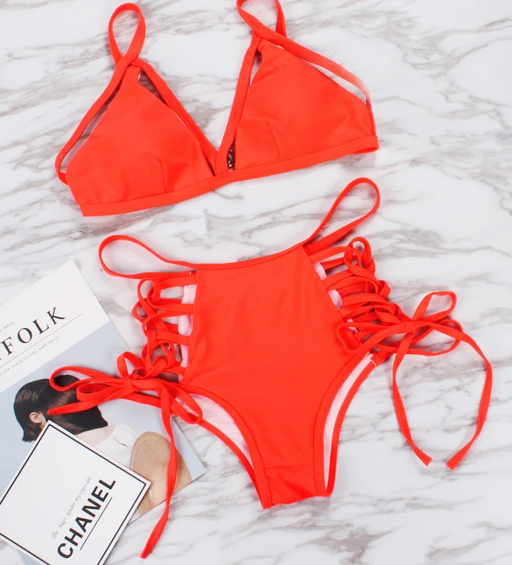 

2019 Europe And America Hot Selling Five-Color Bandage Cloth Cross Camisole Split Type Bikini Sexy High-waisted Bathing Suit