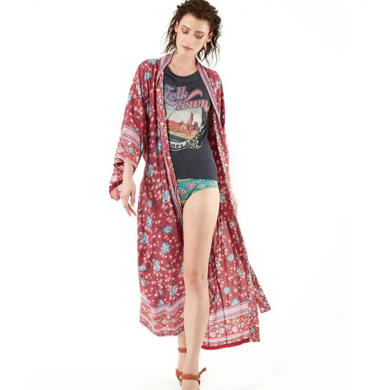 

Boho Inspired Wine red Floral Print Long Kimono Shirt Bohemeian 2019 belt tied Cardigan Loose summer beach women Blouse Top