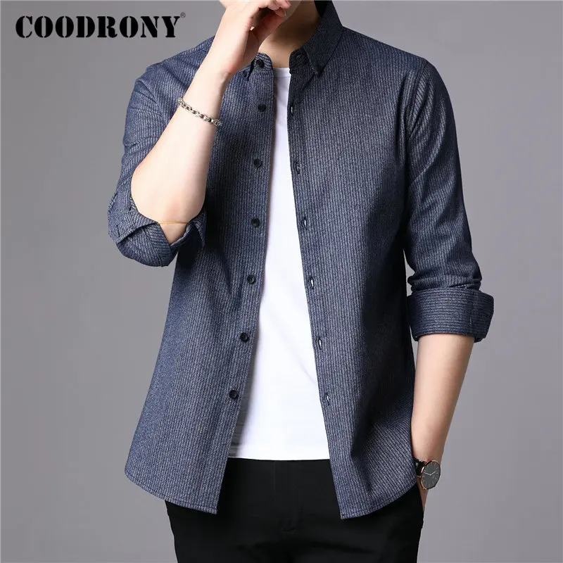 COODRONY Мужская рубашка из чистого хлопка с длинным рукавом Осень зима 2019