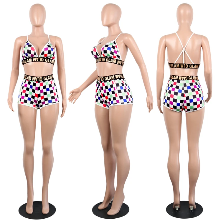 TY7014 sexy contrast color plaid spaghetti strap plaid sports bra shorts two piece set