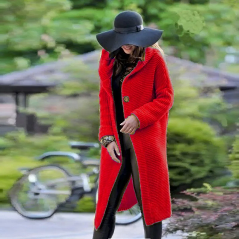 Модный вязаный женский Кардиган с длинным рукавом и капюшоном, Свитера размера плюс, женский свободный длинный кардиган, свитера, Осень-зима - Цвет: red