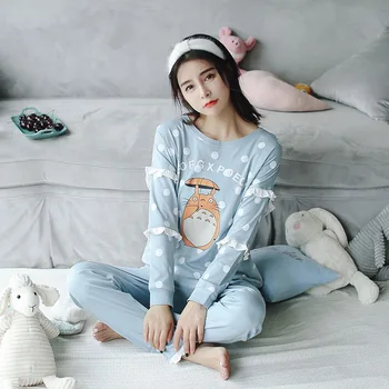 

Pajamas Women's Spring and Autumn Pure Cotton Long Sleeve Cute Totoro Two-Piece Set Korean-style Fresh Students-Nursing Home Wea