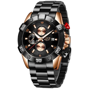 

Montre Homme Luxe LIGE Mens Watches Stainless Steel Waterproof Wrish Watch Multi Function Gold Watch Mens Luxury Sport Watch+Box