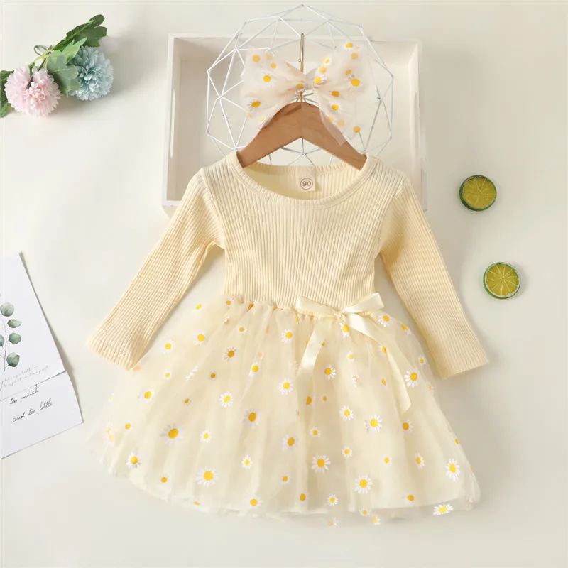

Baby Girl Clothes Autumn Winter Girls Dress Newborn Clothes Cute Daisy Print Mesh Dress+Headwear Vestidos Nina Robe Bebe Fille