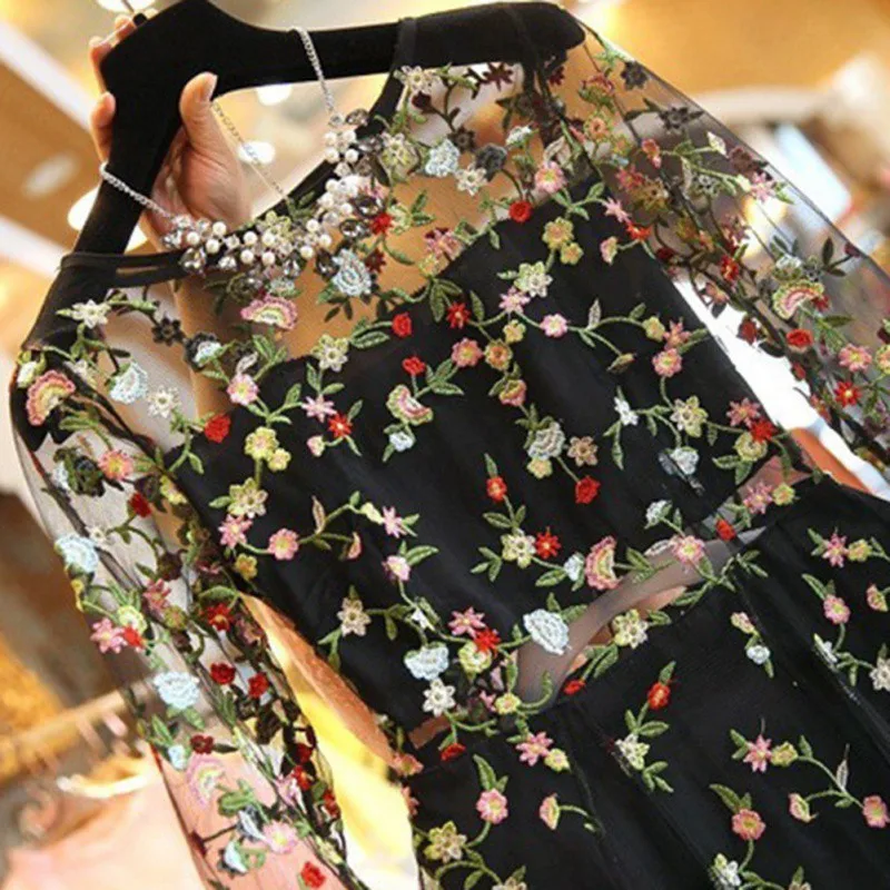 MoYan вышивка кружева сетки платья Boho Винтаж Цветочный Мода Подиум платье повседневное прозрачные платья