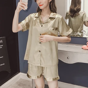 

2 Piece Spring Summer Women Sleepwear Faux Silk Satin Pajamas Set Short Sleeve Solid Sleepwear Pajamas Suit Female Homewear