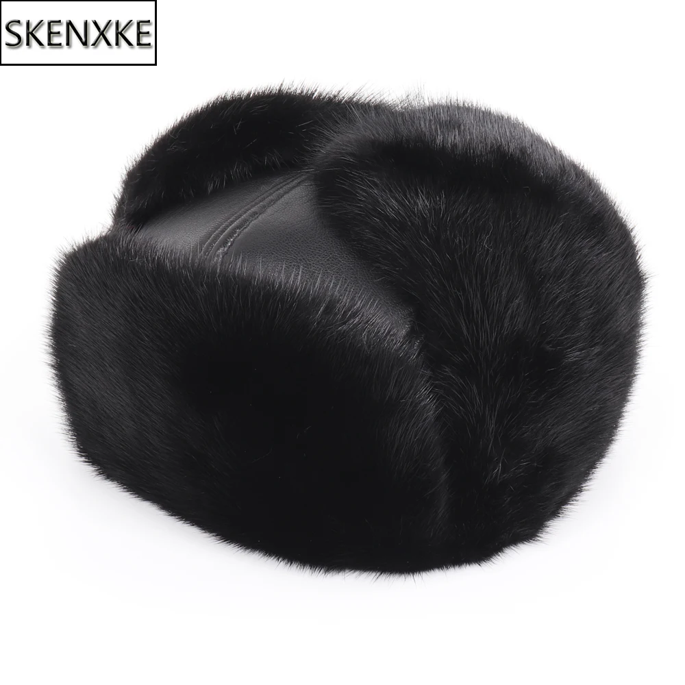 

2019 New Winter Russian Men Real Mink Fur Bomber Hats Male Warm 100% Natural Mink Fur Hat Luxury Man Real Sheepskin Leather Cap