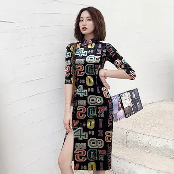 

Sexy Slim Women Cheongsam Flower Mini Vintage Button Oriental Traditional Dress Side Split Mandarin Collar Velour Qipao Vestidos