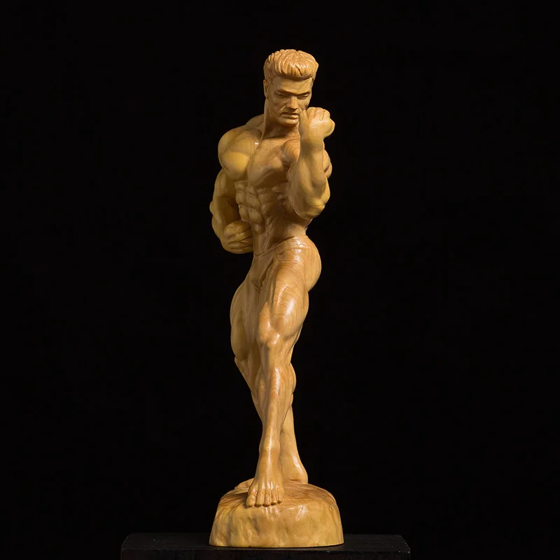 Hand-Carved Wooden Muscle Man Fitness Statue - Exquisite Handmade Decorative Figurine 3