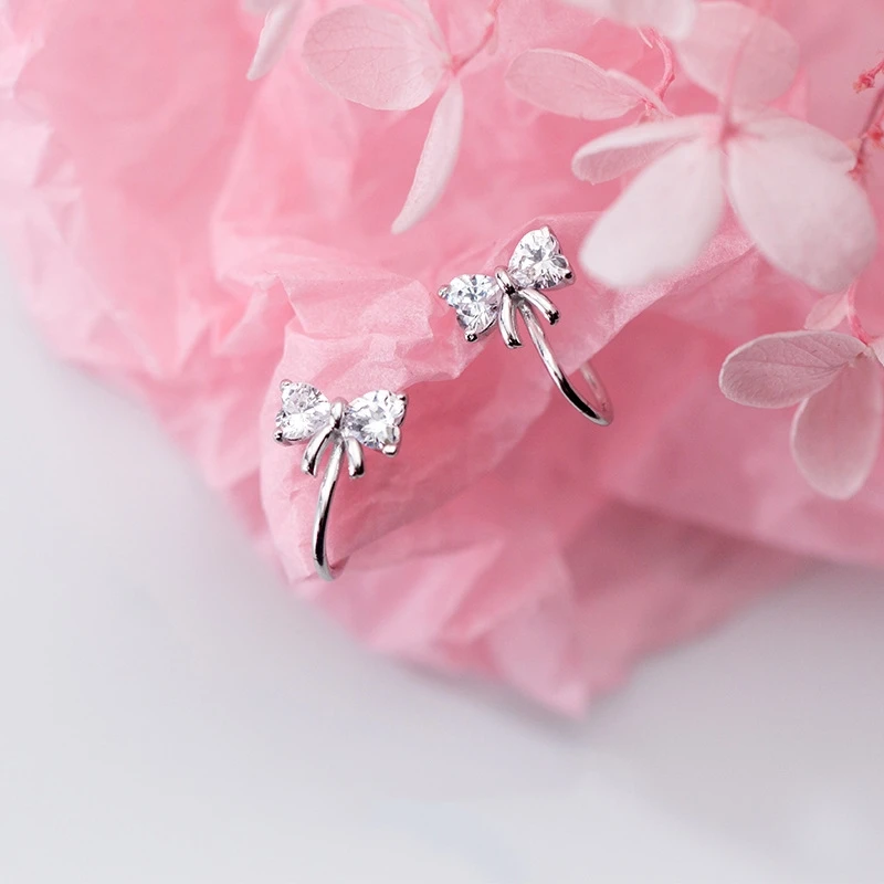 925 Solid Sterling Silver Ears Clip Bowknot Artificial Zircon Ears Clip for Women Girls Teen Sterling Silver Jewelry Gift