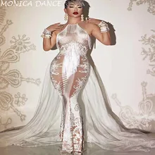 Женская сексуальная одежда для выступлений с белым хвостом, большой эластичный костюм, одежда для сценических танцев, просвечивающее вечернее платье на день рождения