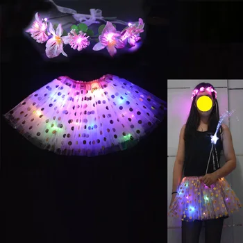 

3-12Years Glow Light Girl Child Dot Tutu Skirt Leis Flower Wreath Crown Set Led Clothes Neon Party Birthday Christmas Navidad