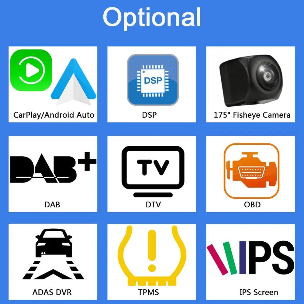 

Optional Extra Cost For CarPlay DSP Camera DAB DTV OBD ADAS TPMS IPS Screen Owtosin Android DVD only sell with car dvd together