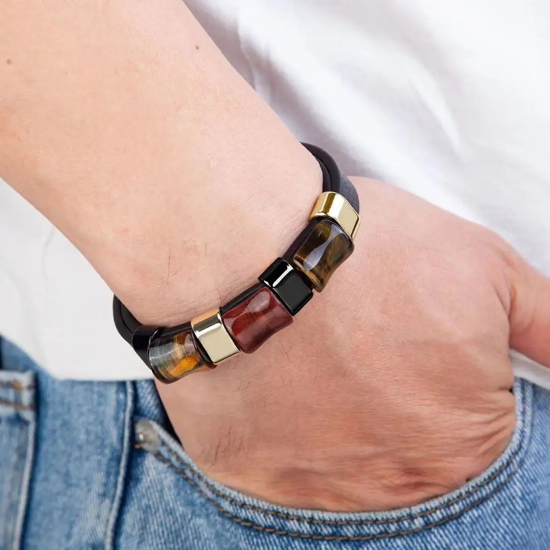 Men's Bracelet Tiger's Eye Leather Rope Stainless Steel bracelet jewelry