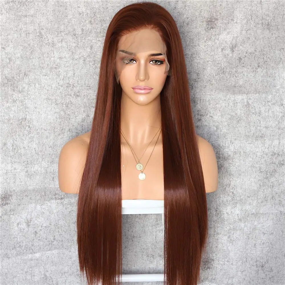 Lvcheryl 13x6 темно-коричневый Futura волокна волос термостойкие волосы длинные Натуральные Прямые Синтетические Кружева передние парики - Цвет: Reddish Brown